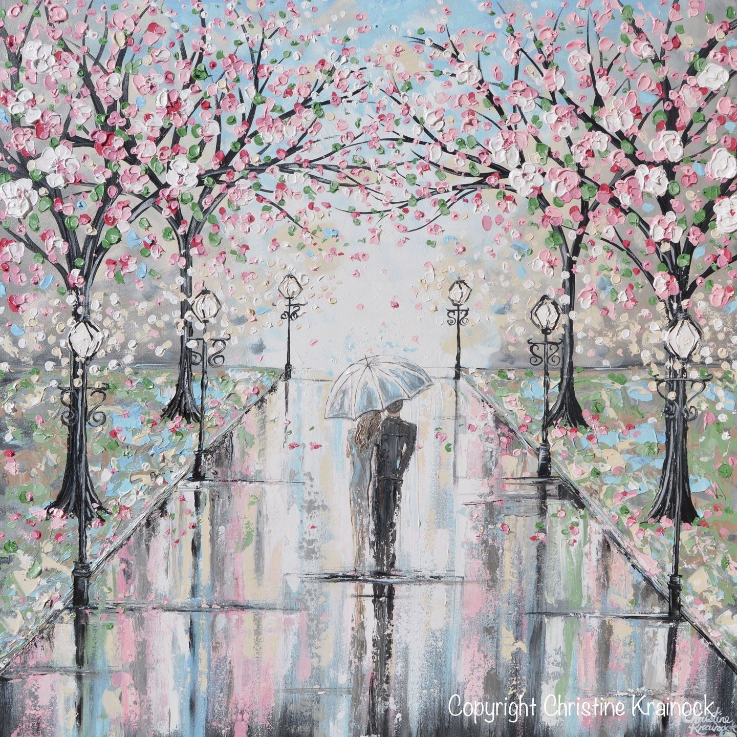 GICLEE PRINT Art Abstract Painting Couple Umbrella Walk Rain Pink Cherry Trees White Grey Wall Decor - 16x16" Paper Print