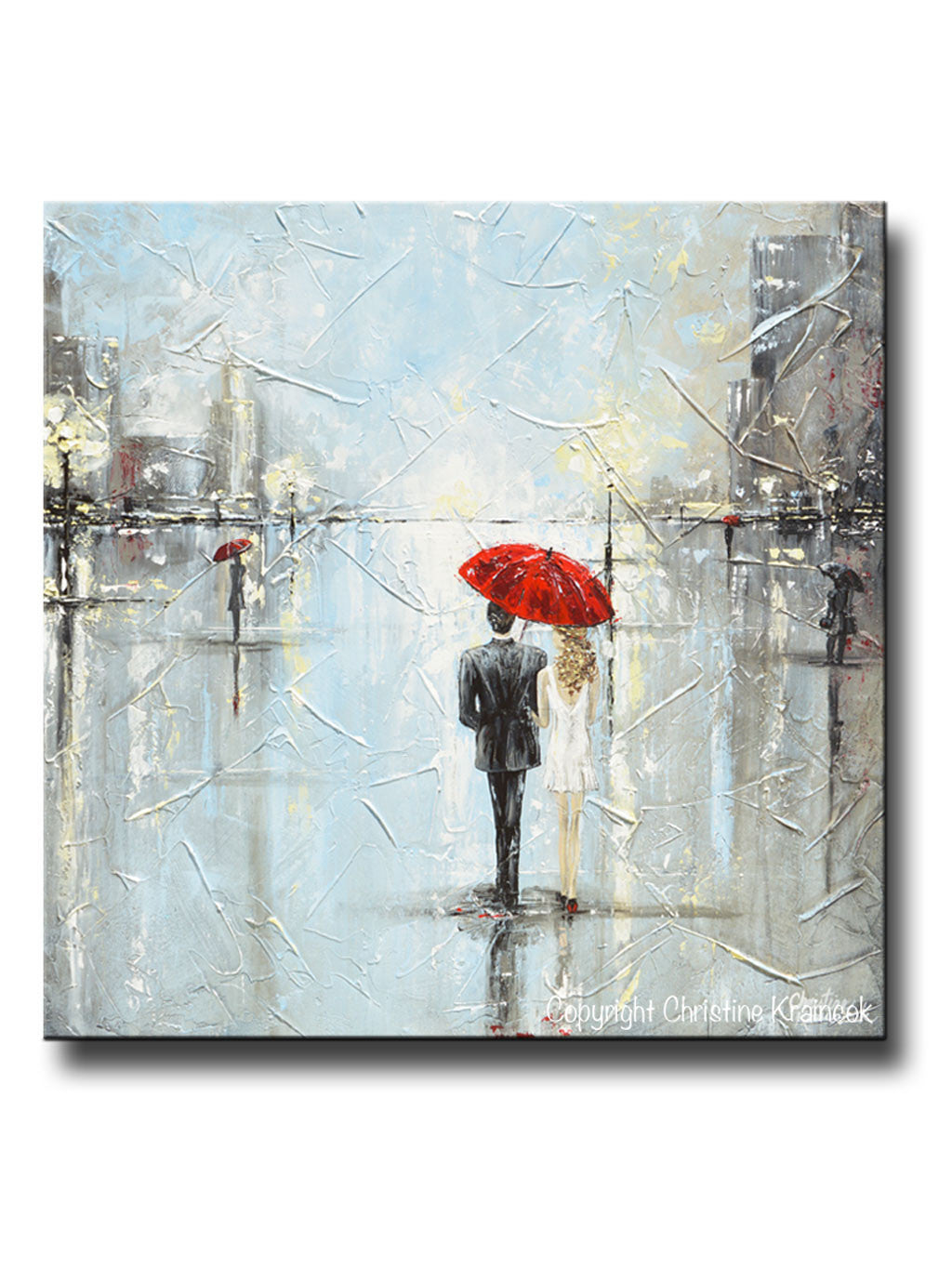 GICLEE PRINT Art Abstract Painting Couple Red Umbrella Girl Grey Blue City Rain Canvas Print - Paper Print 16x16"
