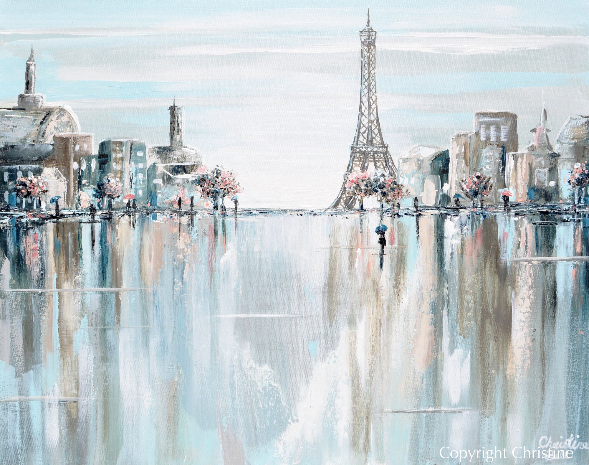 "Bonjour Paris" GICLEE PRINT Art Paris Painting Eiffel Tower France Romantic Umbrella Modern Cityscape - Canvas Print 20x16"