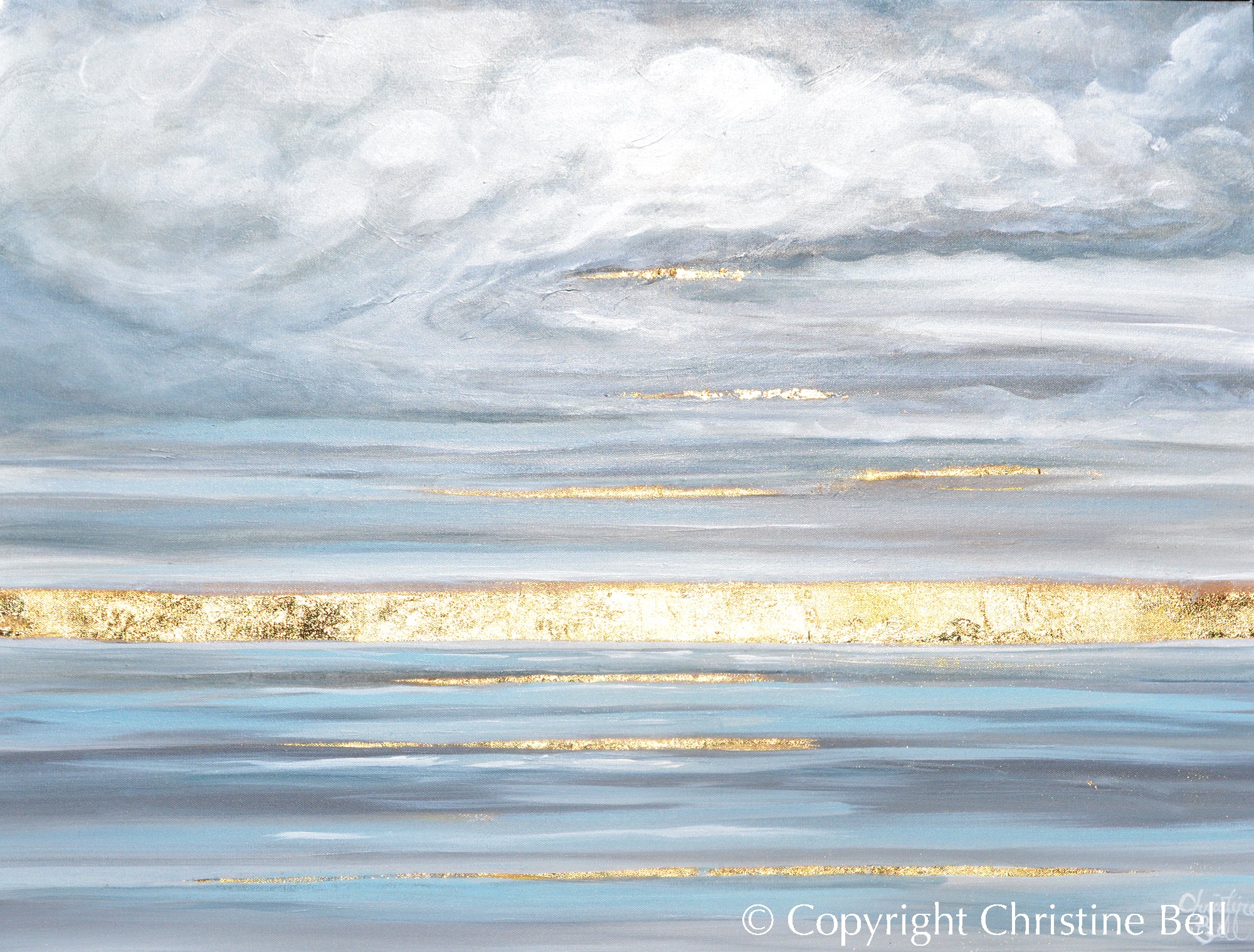 "Daybreak's Enchantment" Gicle Print, Modern Coastal Seascape, Clouds, Gold Leaf - Gicle Stretched Canvas Print / 24x18"