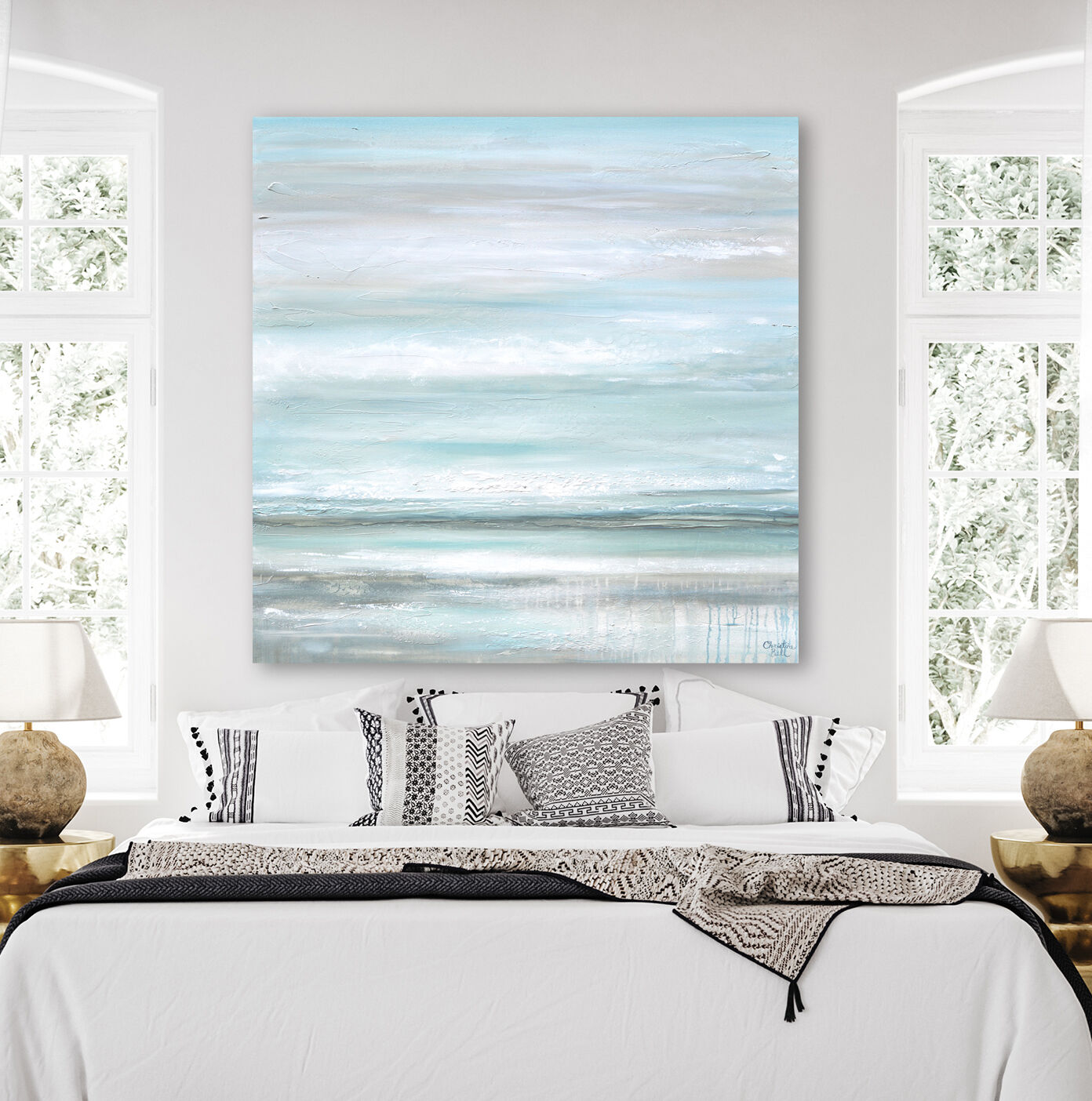 "Euphoria" GICLEE PRINT Coastal Abstract Painting, Seafoam Green Light Blue, Grey, White - 16x16" / Gicle Stretched Canvas Print