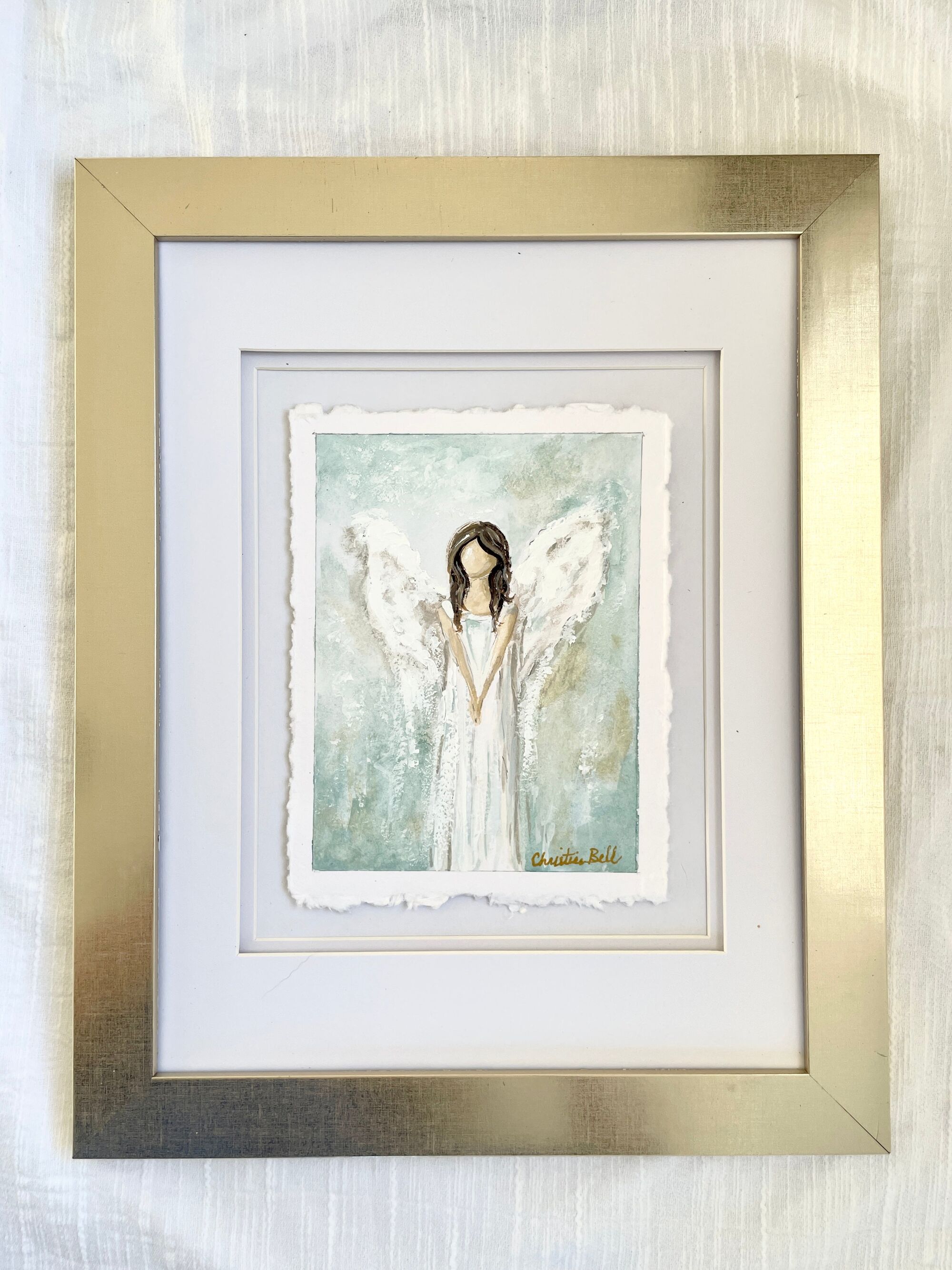 "Her Inner Peace" ORIGINAL Angel Painting, Handmade Deckled-Edge Paper, Framed