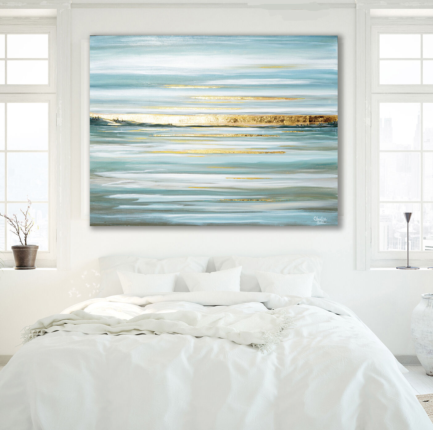 "Idyllic Pause" ORIGINAL Oil Painting, Seascape with Gold Leaf, 48x36"