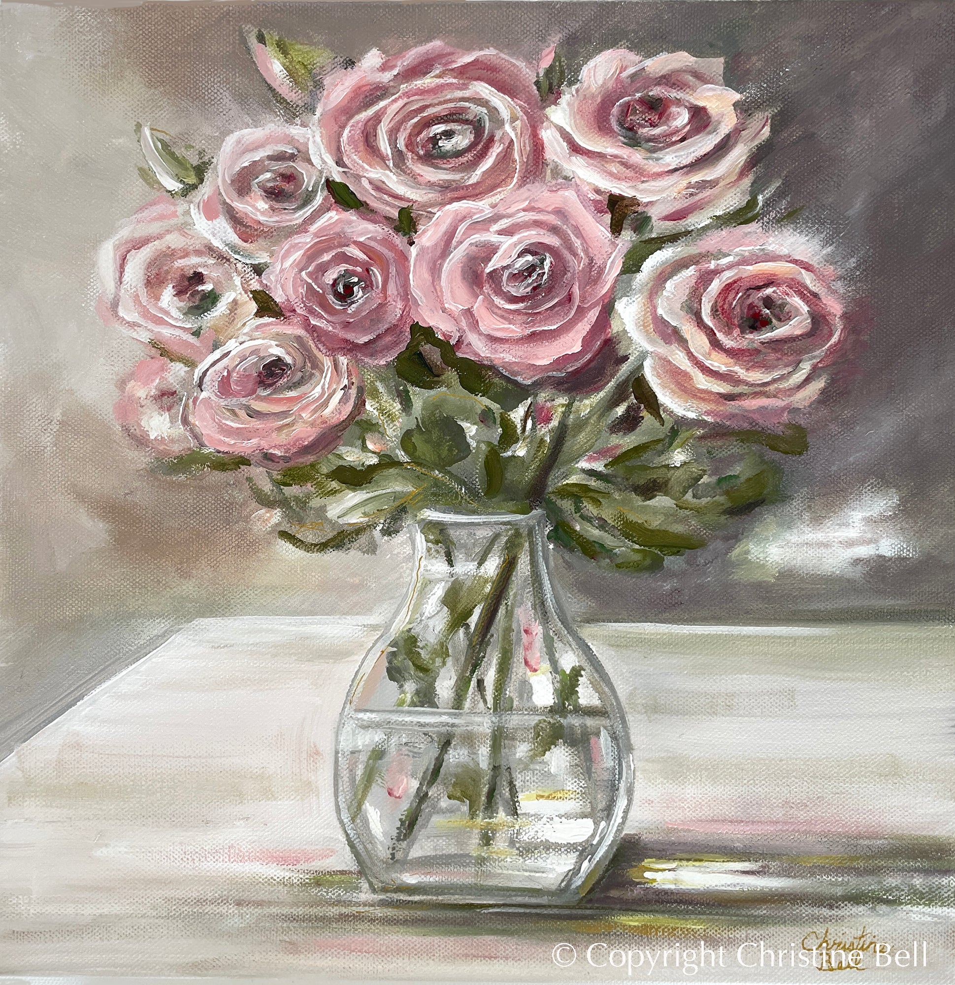 "Her Cherished Roses"" ORIGINAL FLORAL OIL PAINTING, Pink White Roses Flowers
